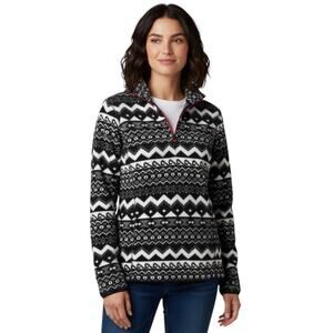 Eddie Bauer Sweater Women's Sz S Fleece Nordic Fair isle Black White Quarter Zip